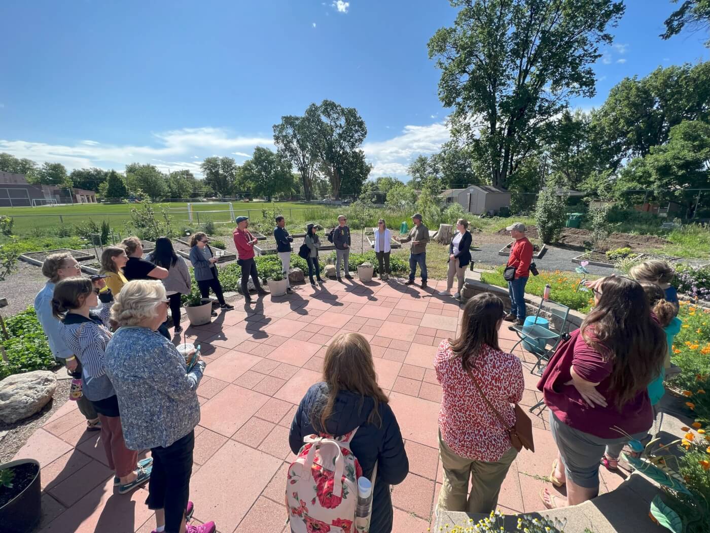 Group of people standing in a large circle in the garden in the sunshine