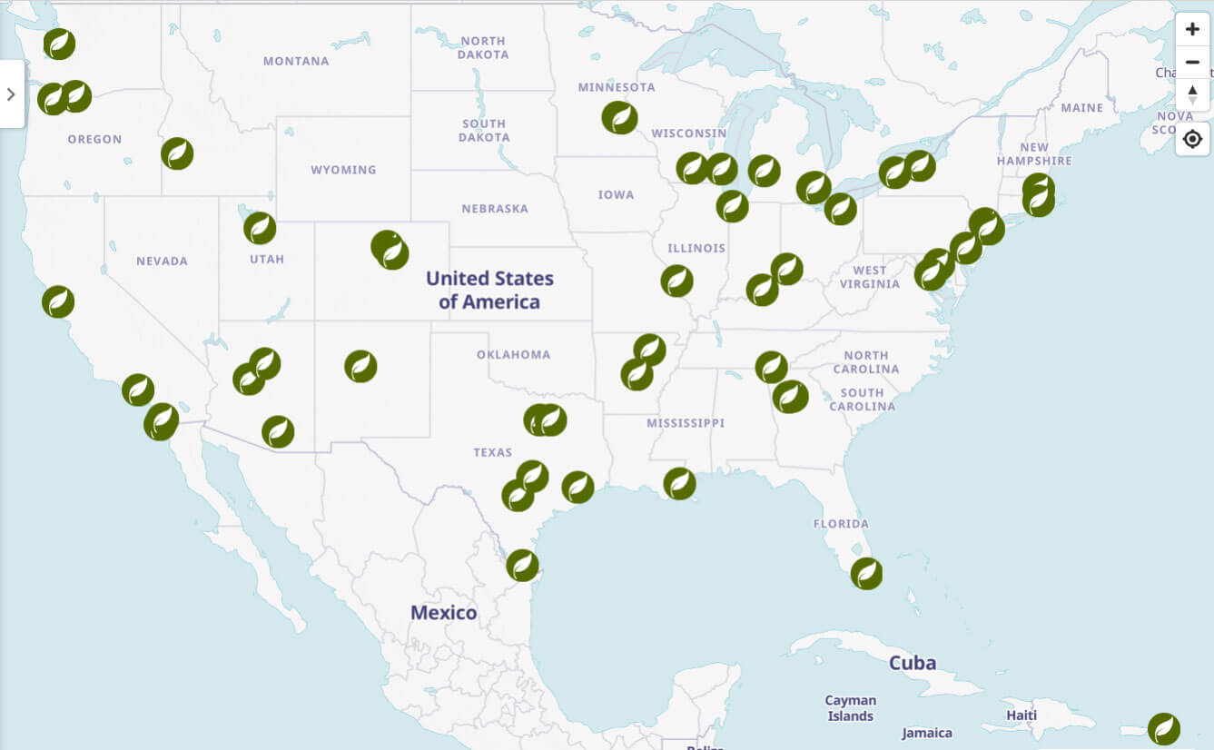 Map of all cities in the Cities Connecting Children to Nature network.