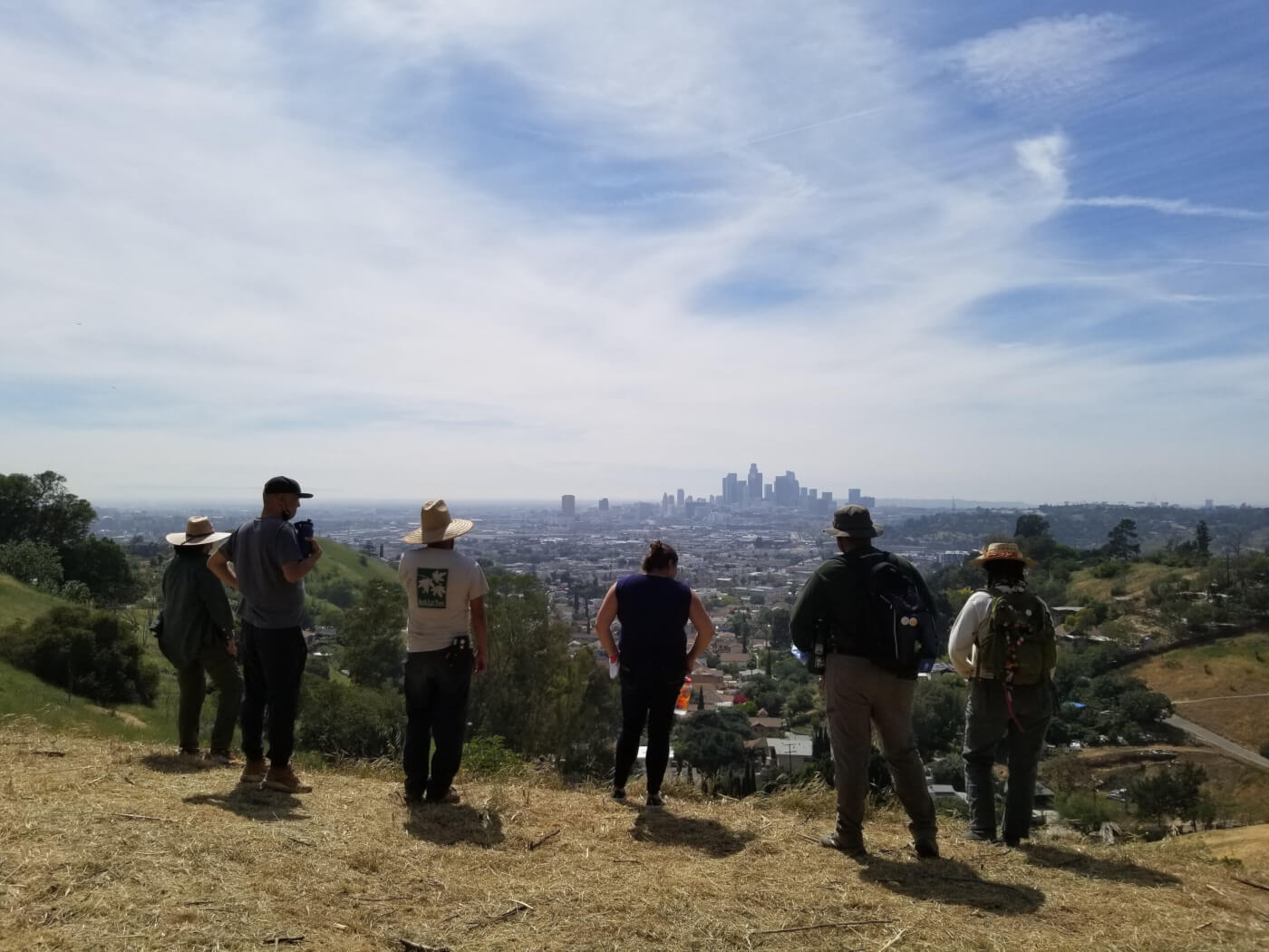 Six adults look at the Los Angeles skyline from a viewpoint above the city.