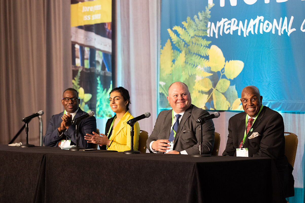 Building a More Powerful Movement plenary panel, featuring Dr. Robert Blaine, Tia Karout, Richard Carlbom, and the Reverend Dr. Gerald Durley