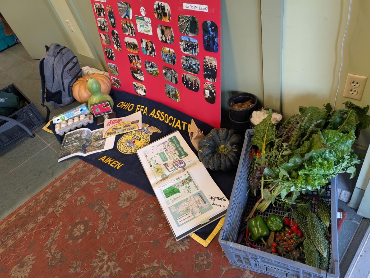 Display of Ohio FFA materials, photos, and fresh produce including greens, peppers, squash, and eggs arranged for an agricultural education exhibit.