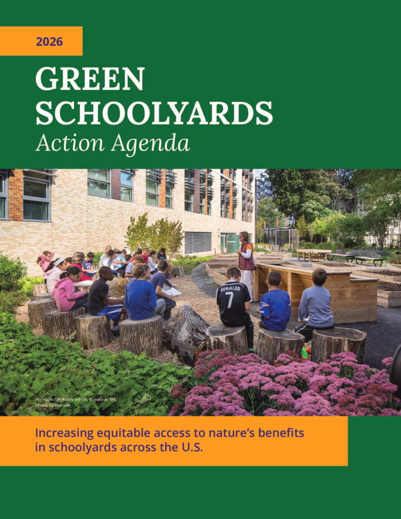 Cover of the “2026 Green Schoolyards Action Agenda” showing students gathered in an outdoor classroom at a school garden.