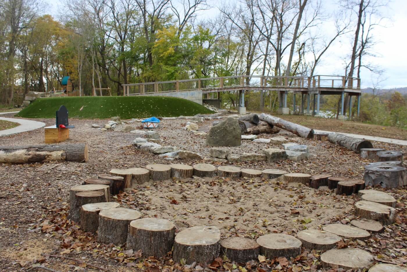 Outdoor nature play area with a circle of tree stumps, logs, rocks, and a raised wooden walkway in the background.