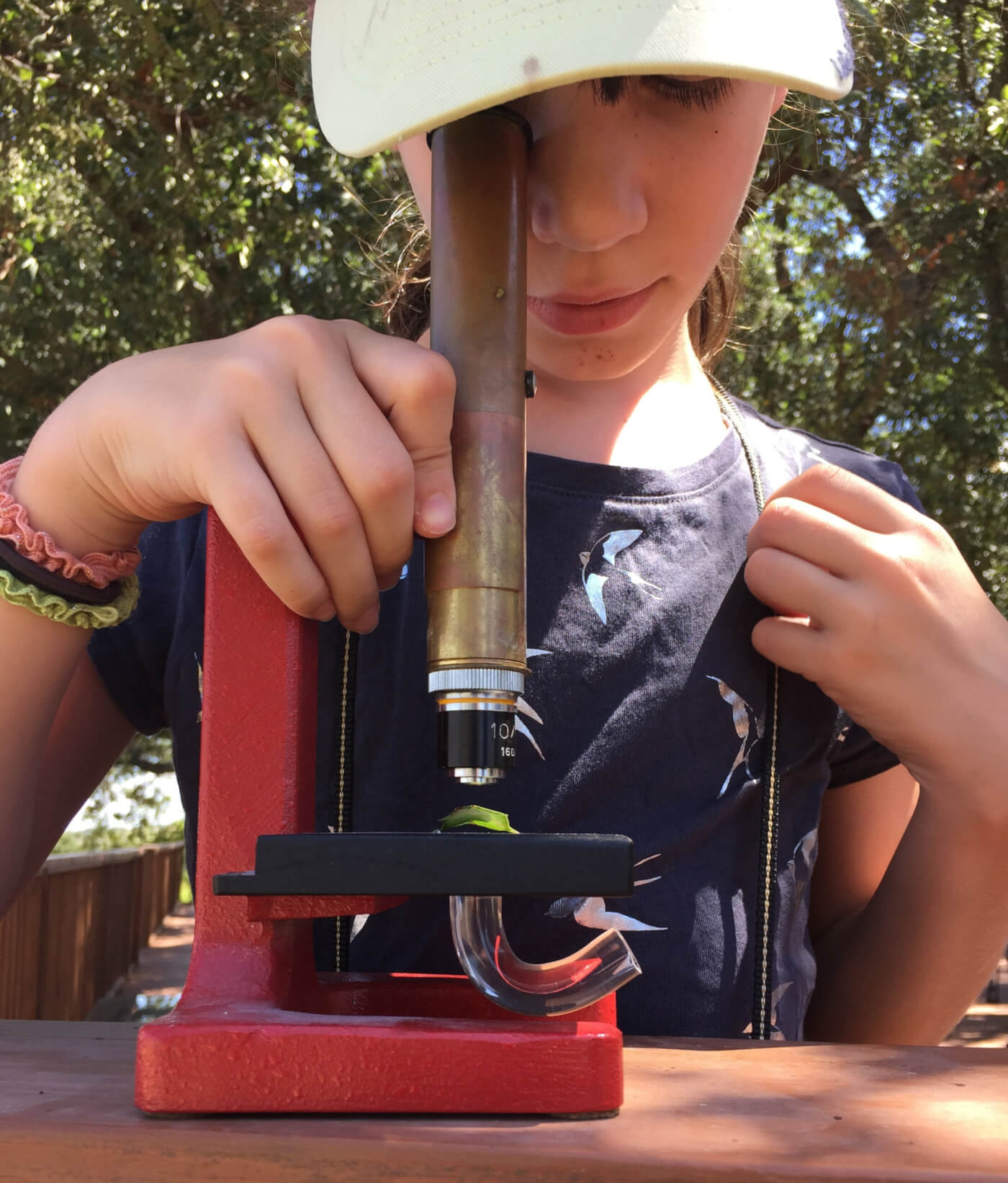girl looking into a microscope examining something with a hat on