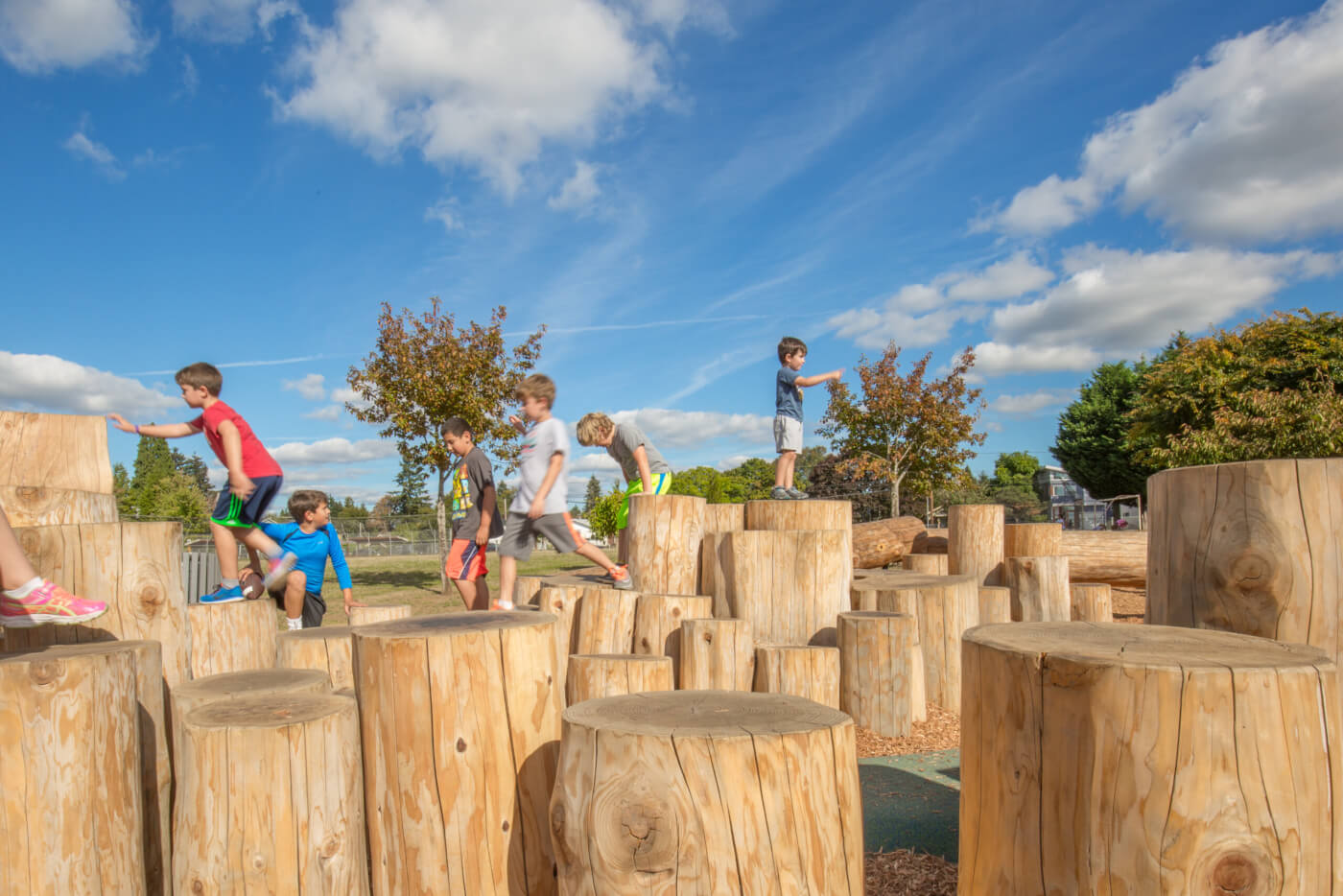 Six young kids walk, climb and stand on upright tree stumps of various sizes and shapes.