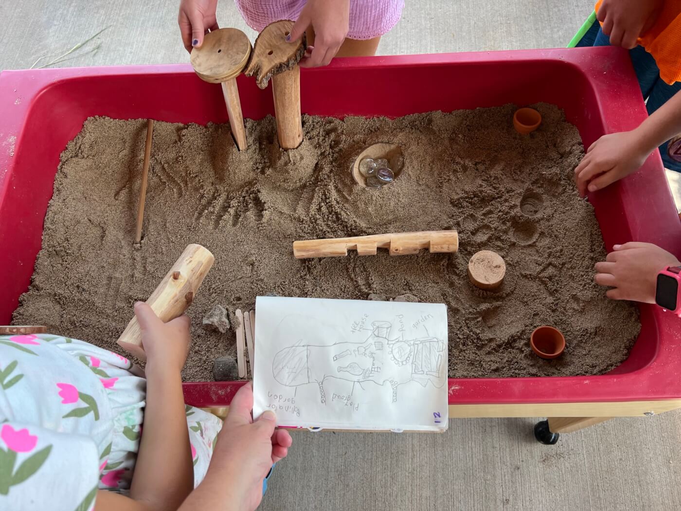 Children circle a sandbox as they try to build structures that match their drawings