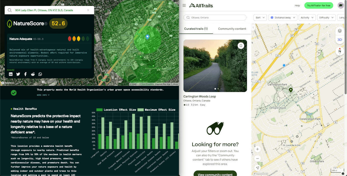 Screenshot of a computer screen featuring more information about NatureScore with a map and a rating