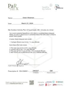 Example of what a nature prescription looks like, with patient's name, outdoor activity plan, and health prescriber's signature