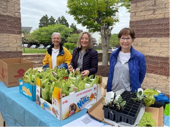 Three volunteers standing behind tables with donated produce and plant seedlings outdoors.