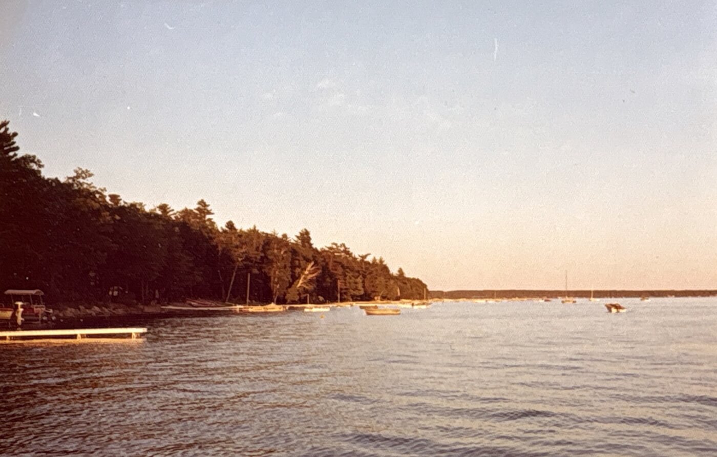 The shore of Majinbeesh (Higgins Lake) in Michigan with pine trees on the shore, sail boats on the water, and the blue sky above.