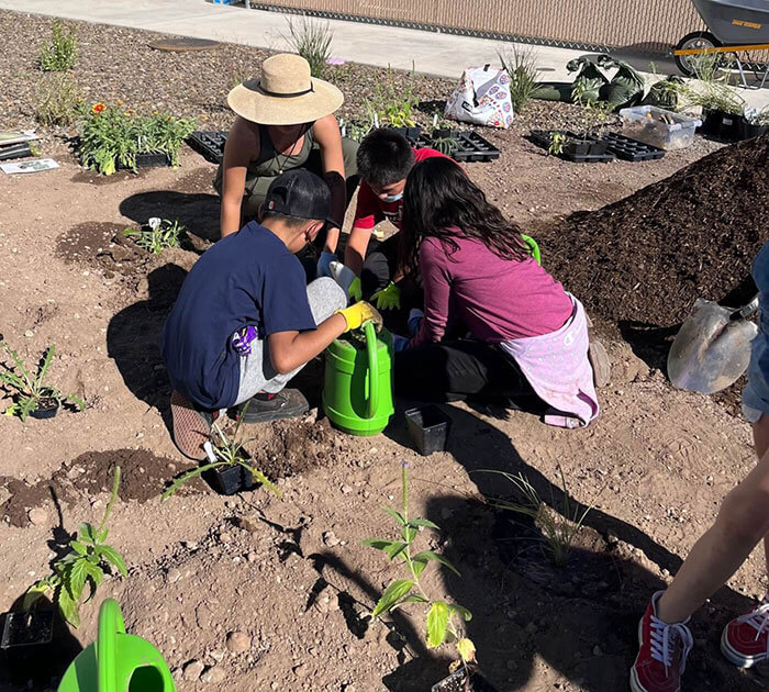 Children outside in a garden planting crops.
