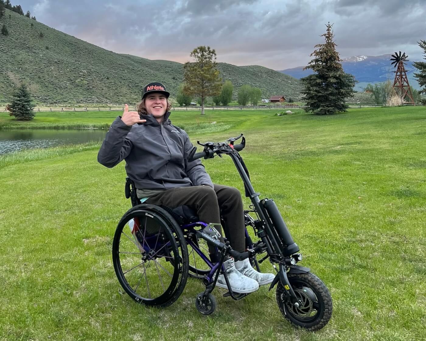 Mason’s electric wheelchair attachment “The Firefly 2.5” helps him access uneven terrain like gravel, grass and hills. He is able to reach places quickly and easily that he would have a much harder time exploring in his manual wheelchair alone.