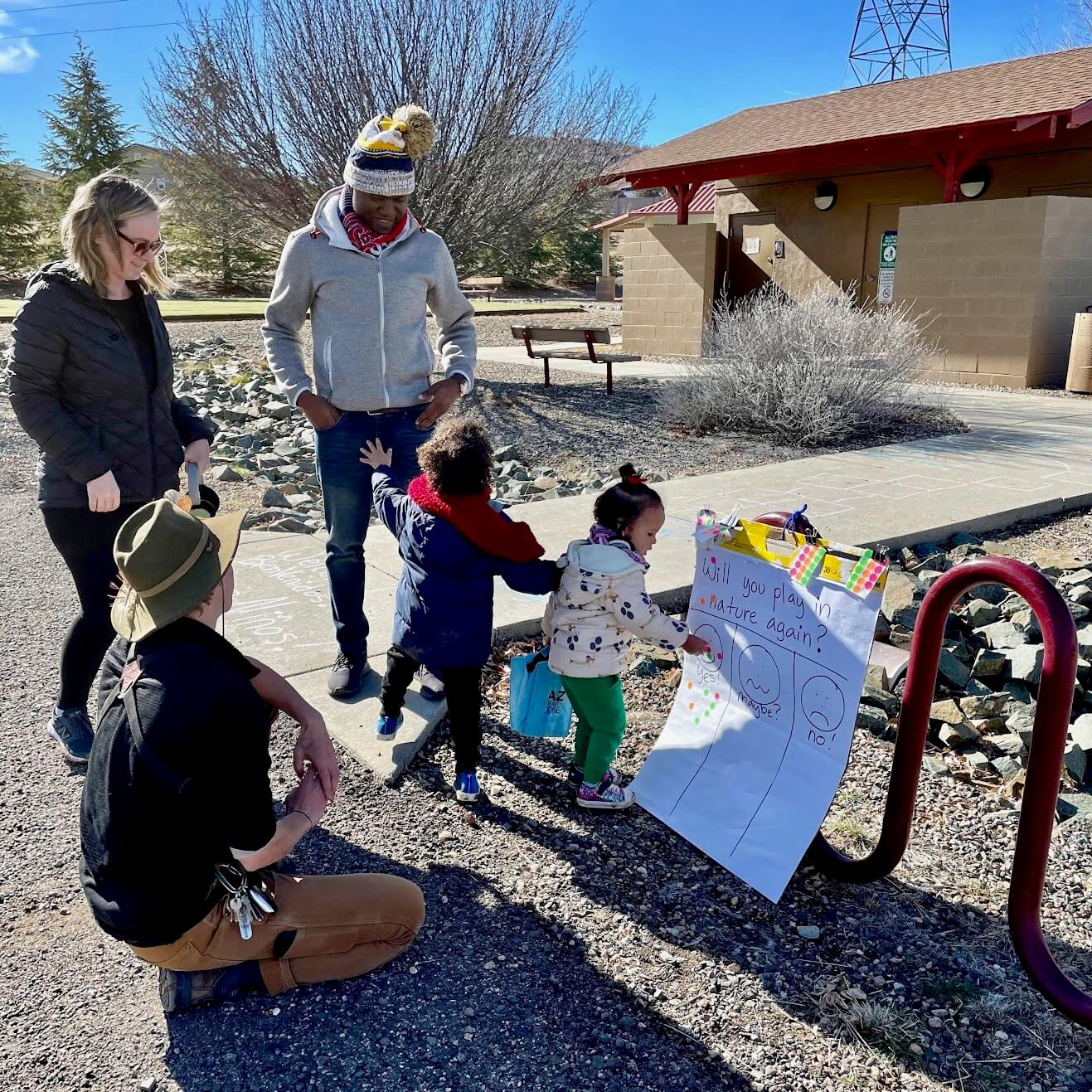 family outside with a nature leader, adding stickers to a poster board that asks "Will you plat in nature again"