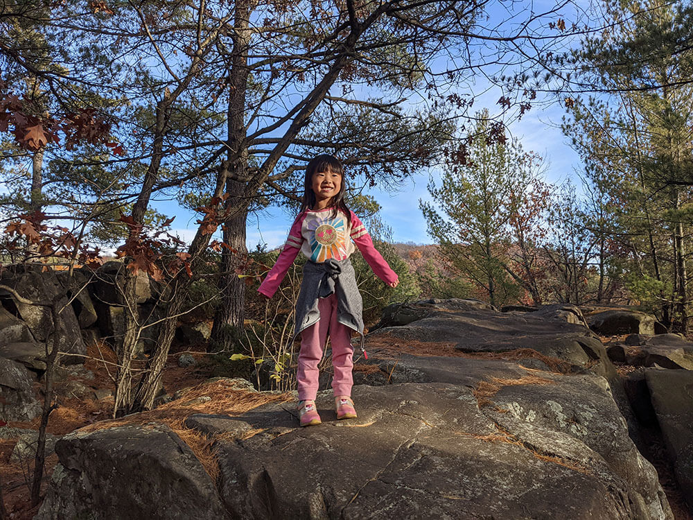 Tiffany's daughter, Maddy, standing in a forest on top of a rock.
